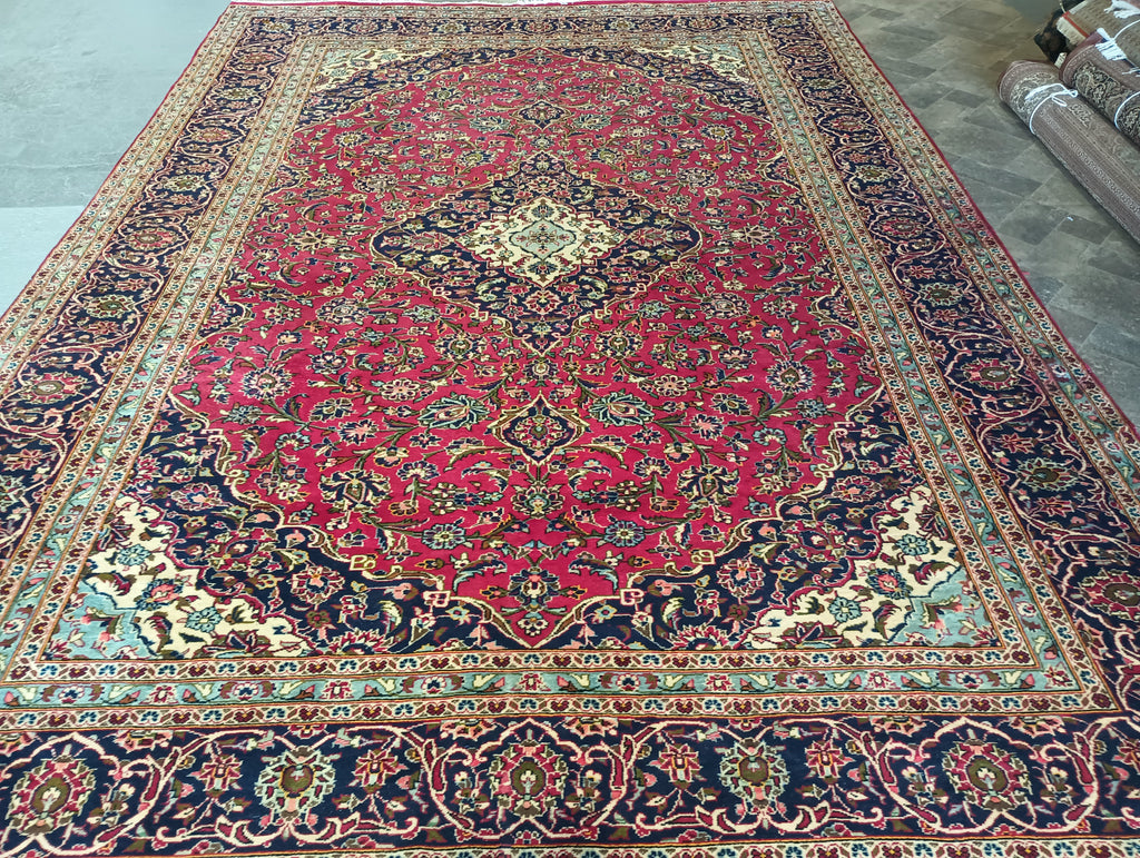 9.6 x 14 CLASSIC Persian Kashan Rug Wool Red Blue Shark Tank Carpet #F-5969