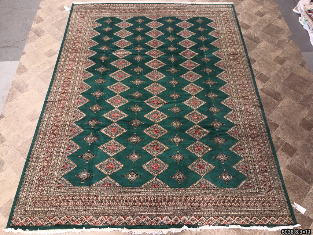 GREEN Jaldar Bokara Rug Quality Wool Handmade 8' x 11' #F-6038
