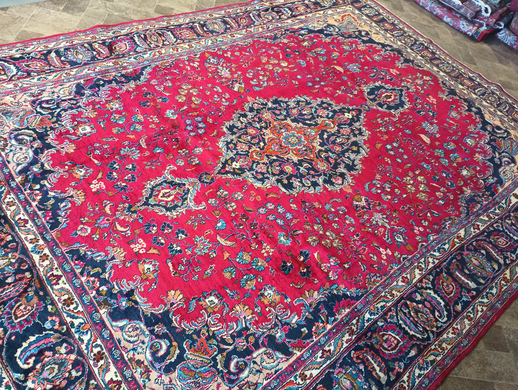 9.5 x 13.7 Large Persian Classic Traditional Wool SIGNED Rug Bright Red Blue #F-6078