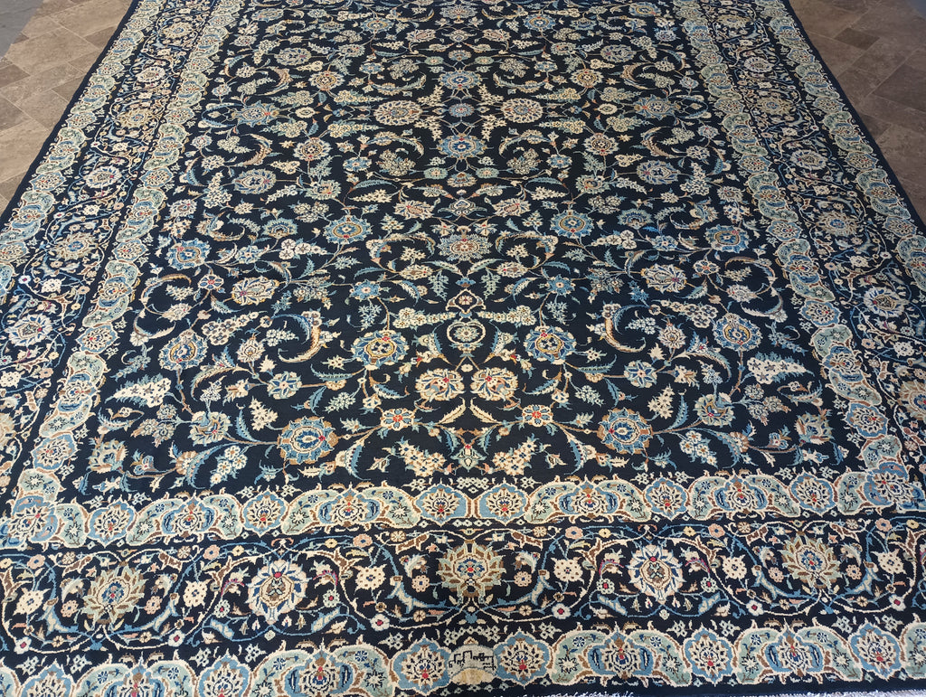 9.3 x 13.2 Blue Kashan All Over Pattern Handmade Rug #F-6099a