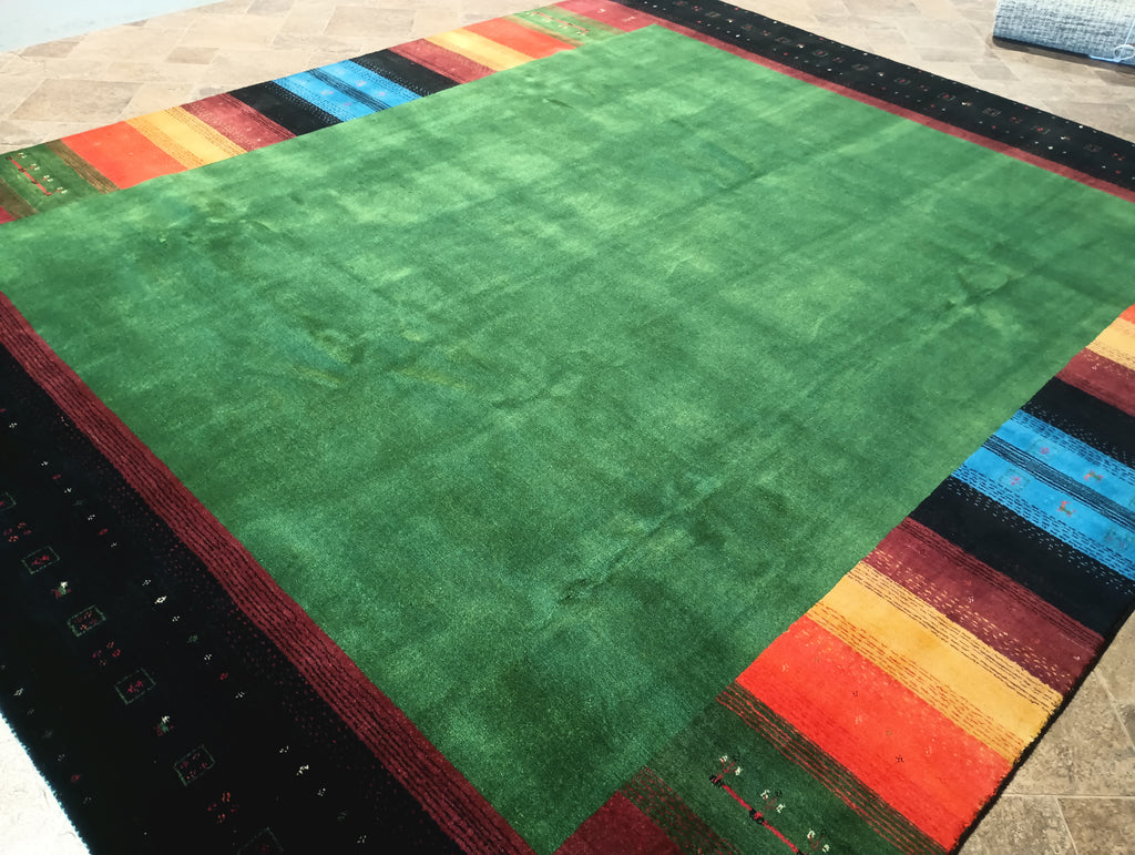 8.3 x 9.11 GREEN CONTEMPORARY HANDMADE GABBEH Carpet HAPPY RUG #F-6200
