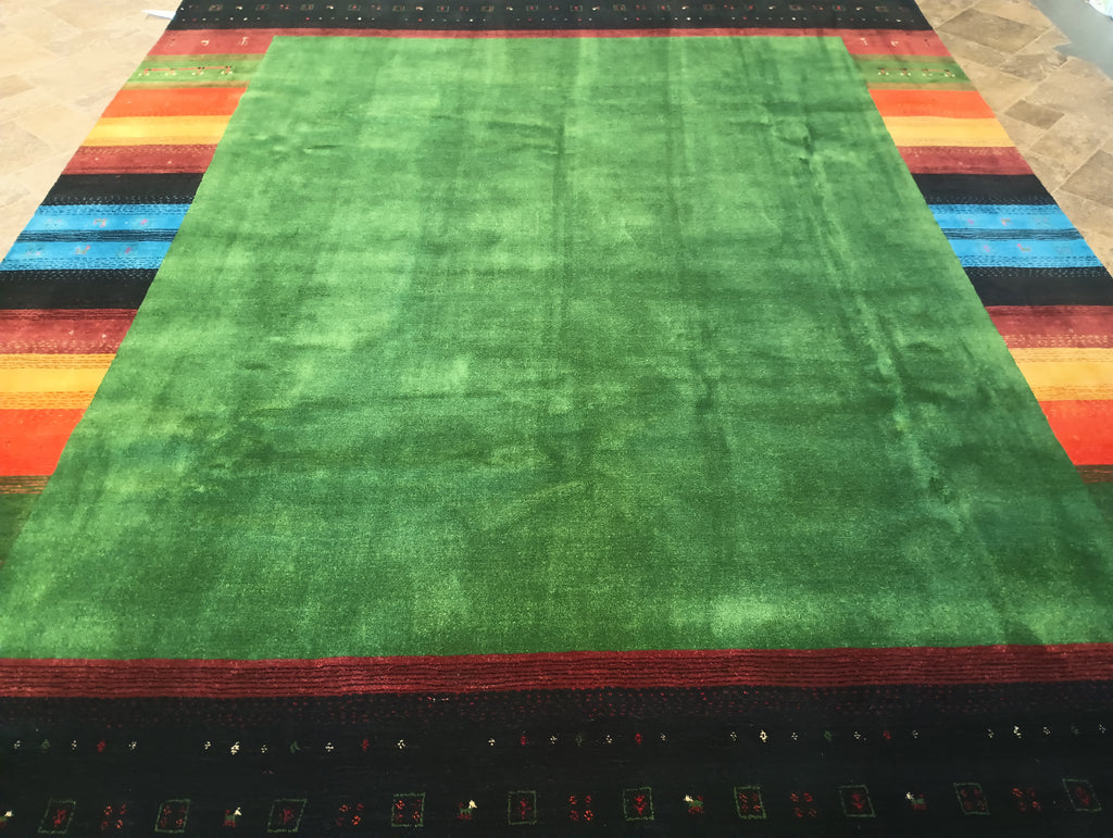 8.3 x 9.11 GREEN CONTEMPORARY HANDMADE GABBEH Carpet HAPPY RUG #F-6200