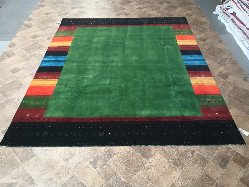 8.3 x 9.11 GREEN CONTEMPORARY HANDMADE GABBEH Carpet HAPPY RUG #F-6200