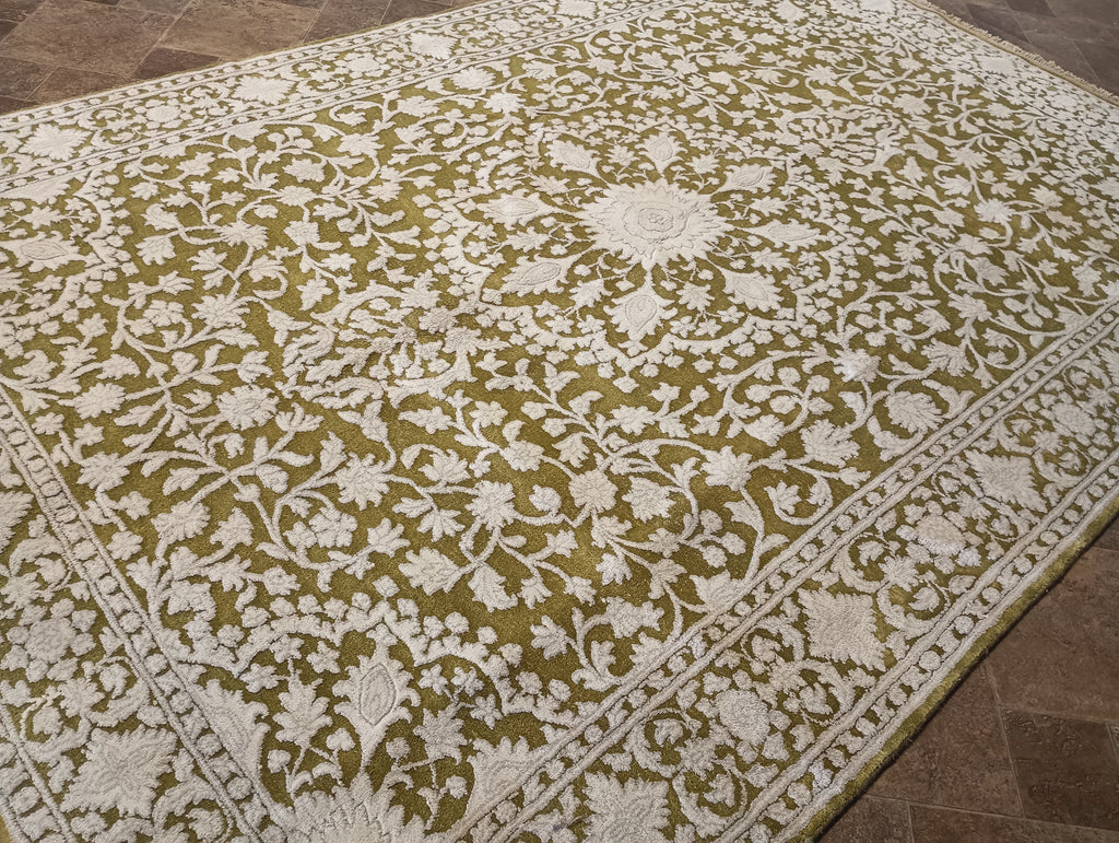 6 x 9 Olive Green Ivory Wool & Silk Tabriz Rug #PIX-13161