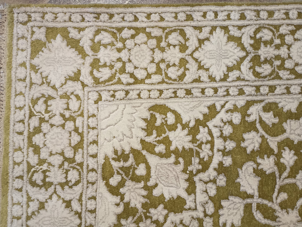 6 x 9 Olive Green Ivory Wool & Silk Tabriz Rug #PIX-13161