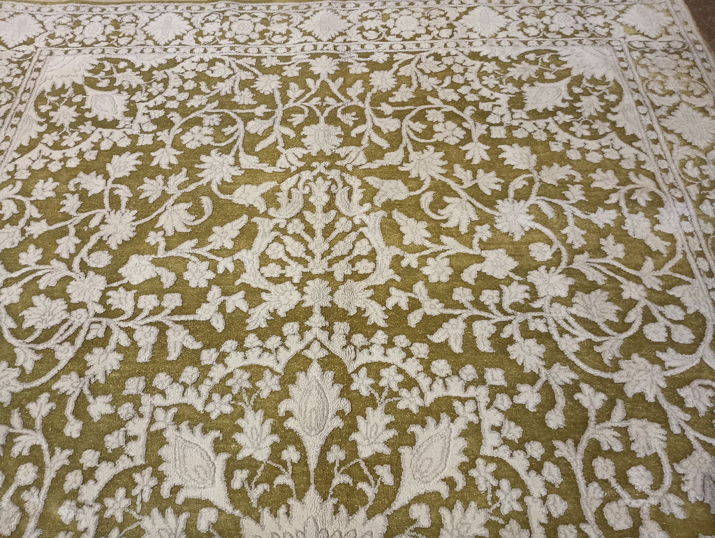 6 x 9 Olive Green Ivory Wool & Silk Tabriz Rug #PIX-13161