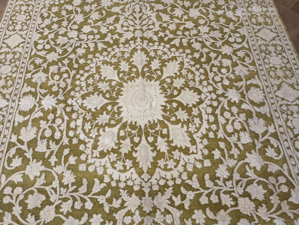 6 x 9 Olive Green Ivory Wool & Silk Tabriz Rug #PIX-13161