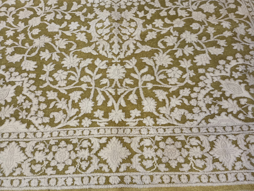 6 x 9 Olive Green Ivory Wool & Silk Tabriz Rug #PIX-13161