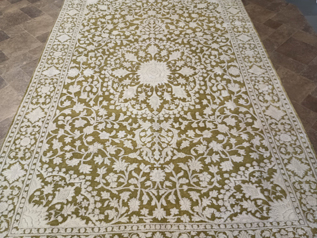 6 x 9 Olive Green Ivory Wool & Silk Tabriz Rug #PIX-13161