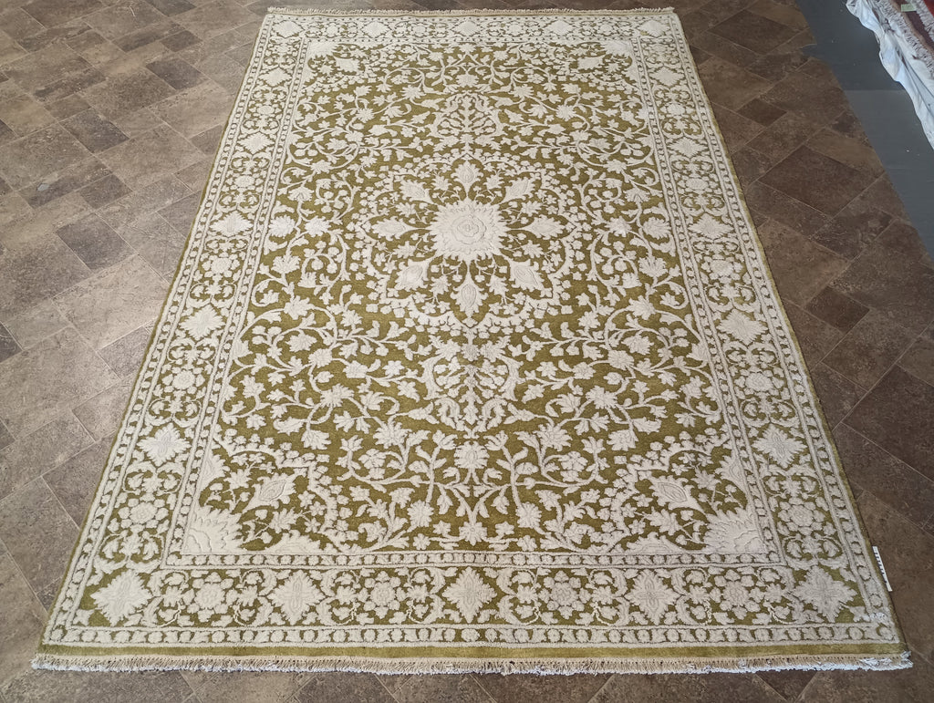6 x 9 Olive Green Ivory Wool & Silk Tabriz Rug #PIX-13161