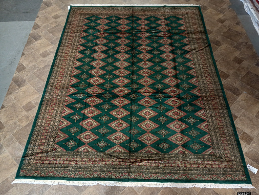 8.2 x 11 Dark GREEN Jaldar Bokara Rug Handmade Pakistan #F-6213