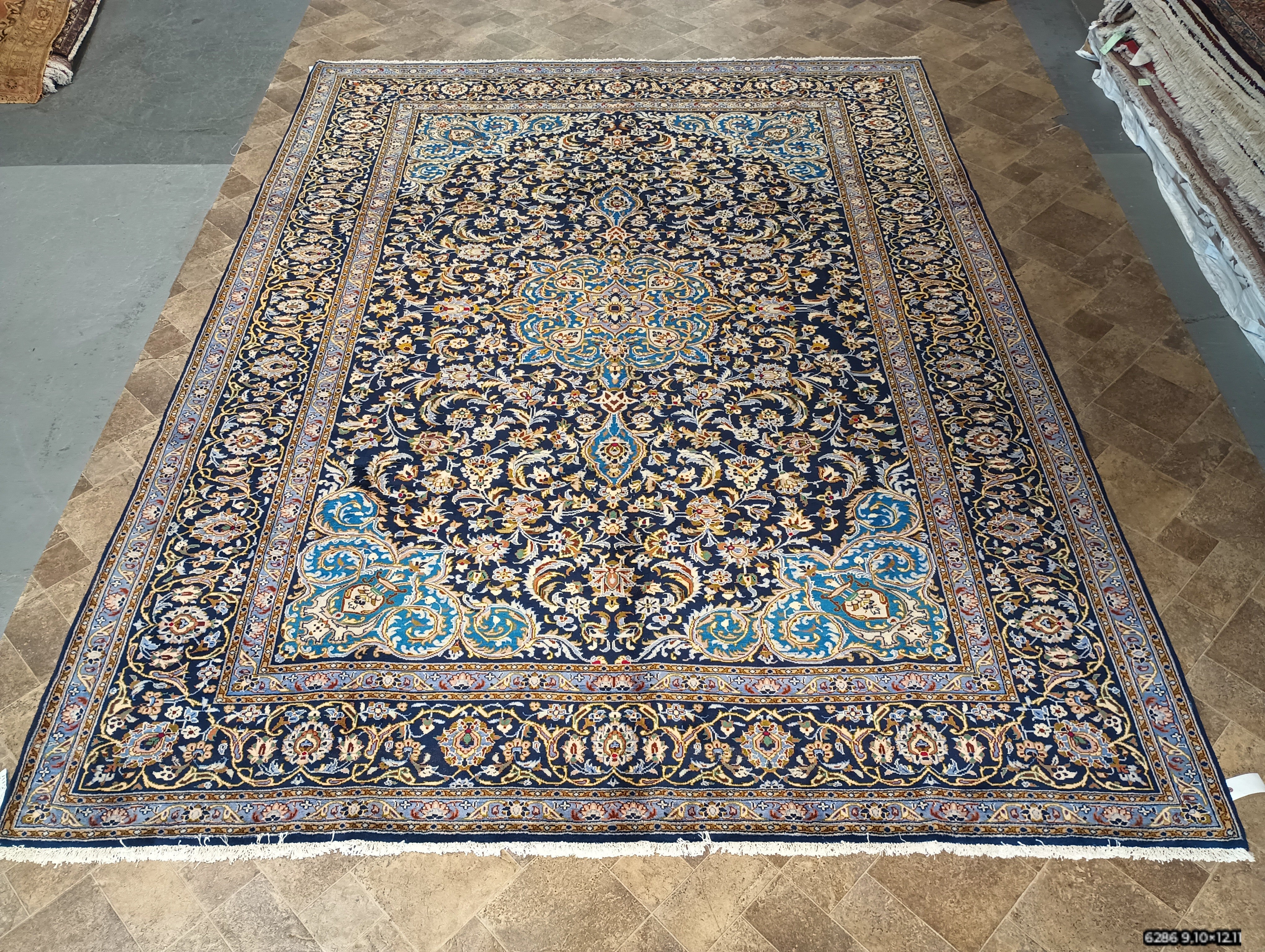 Blue Traditional 13'1 x 9'7 Ft Kashan Persian Area Rug