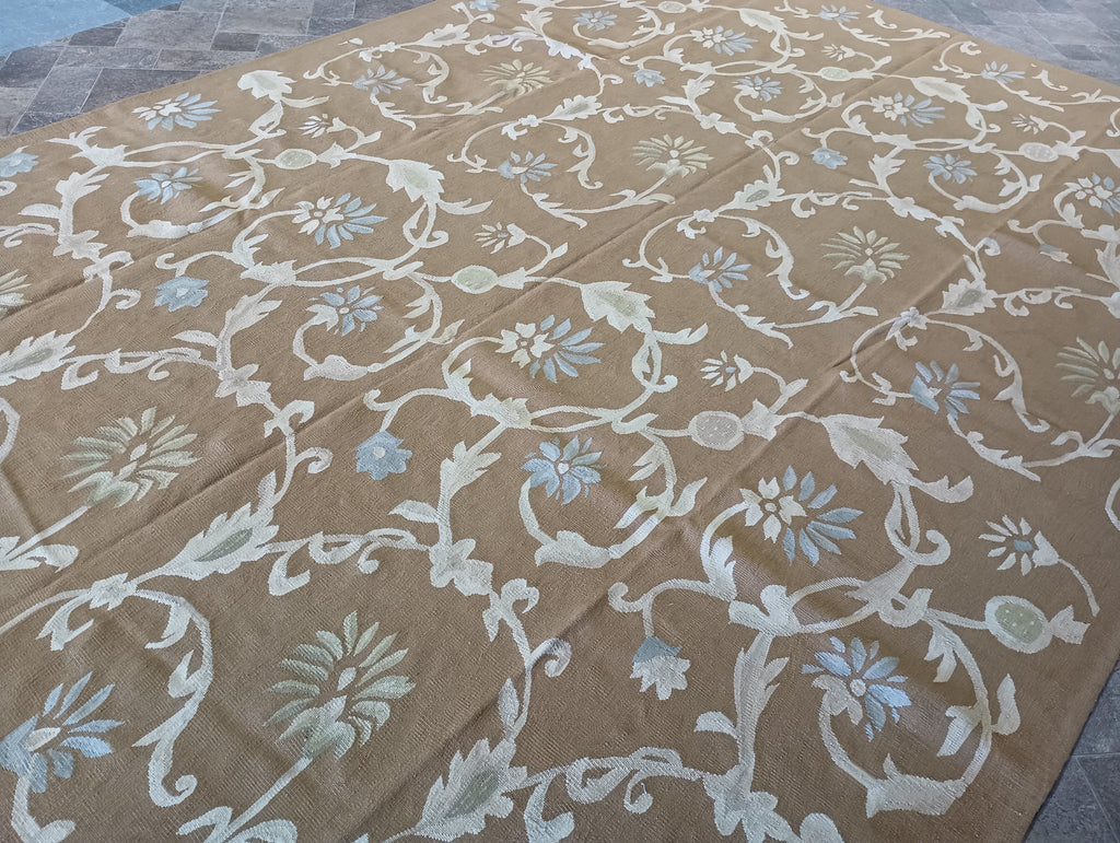 9.1 x 12 GOLDEN BROWN Flat Weave french Rug #F-6316