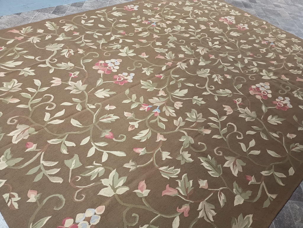 9.3 x 12.5 BROWN Flat Weave French Aubusson Rug #F-6318