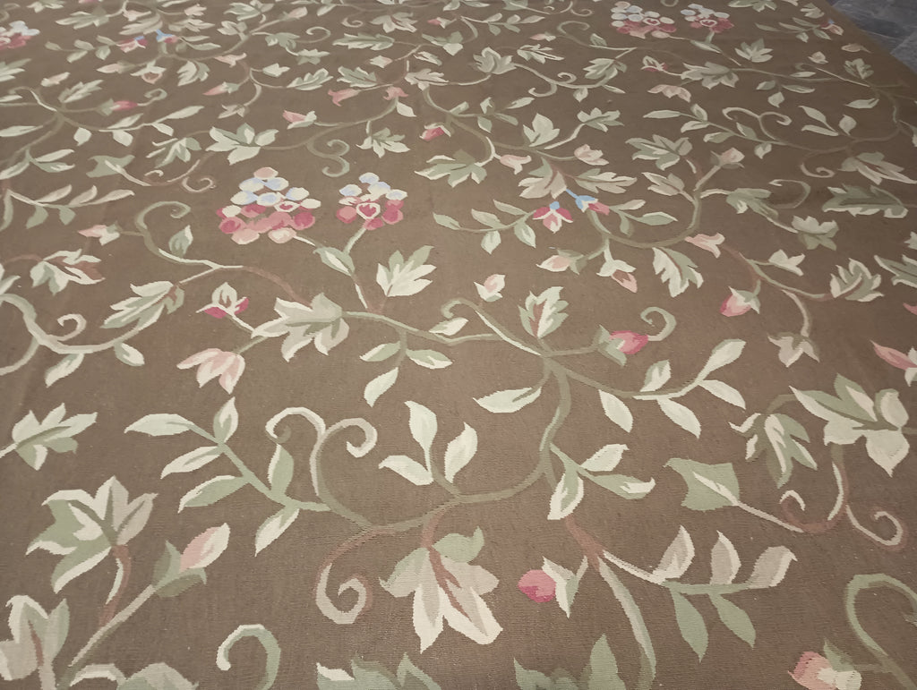 9.3 x 12.5 BROWN Flat Weave French Aubusson Rug #F-6318