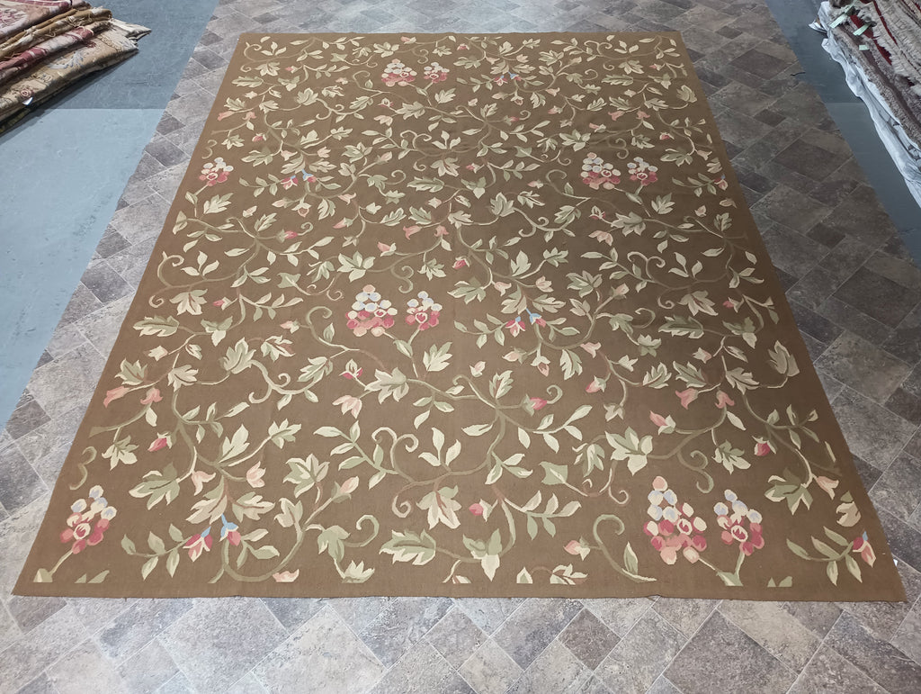 9.3 x 12.5 BROWN Flat Weave French Aubusson Rug #F-6318