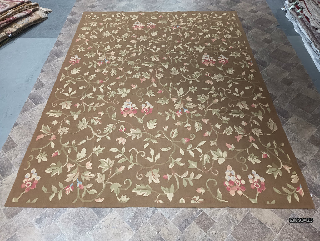 9.3 x 12.5 BROWN Flat Weave French Aubusson Rug #F-6318