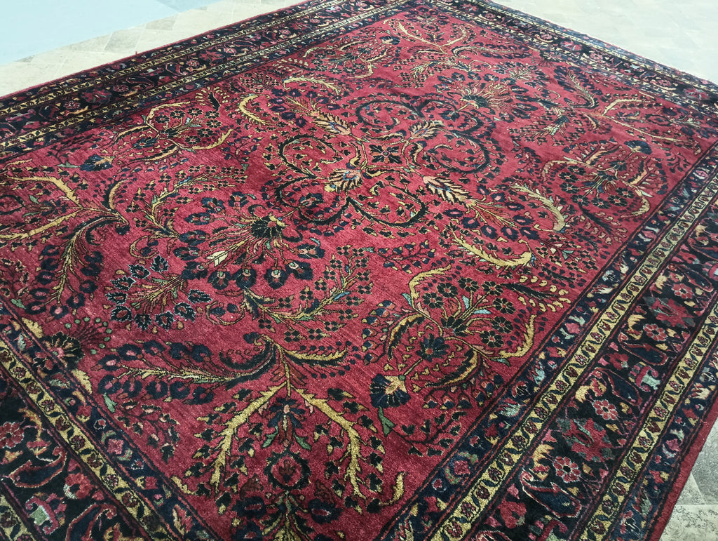 9.2 x 12.1 Antique Persian Sarouk Mohajeran Quality Rug Rich Burgundy #F-6321