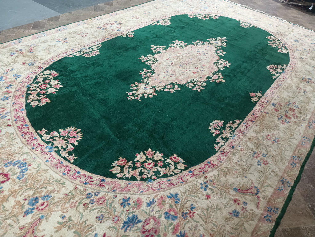 9.10 x 17.0 Authentic Persian Kerman Rug Emerald GREEN #F-6349
