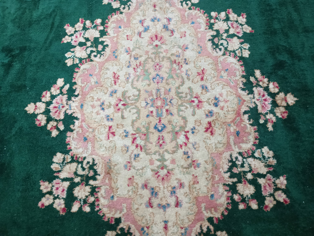 9.10 x 17.0 Authentic Persian Kerman Rug Emerald GREEN #F-6349
