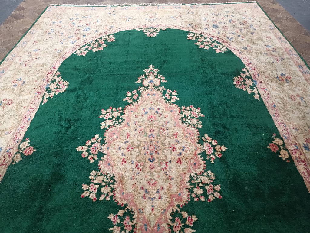 9.10 x 17.0 Authentic Persian Kerman Rug Emerald GREEN #F-6349