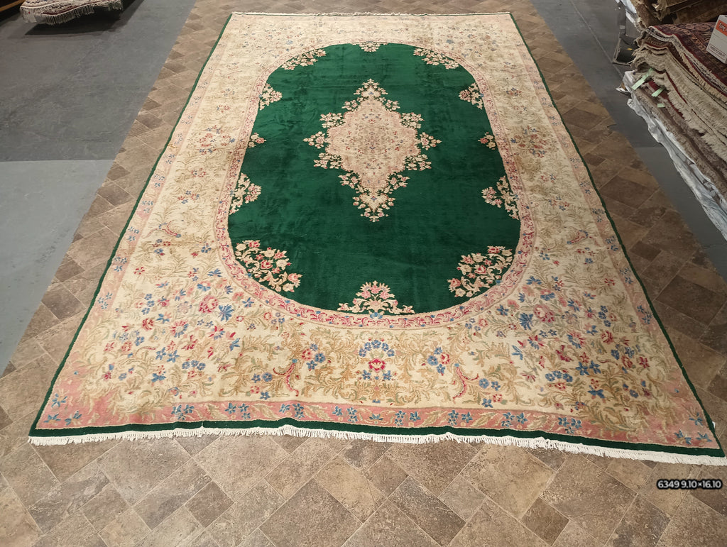 9.10 x 17.0 Authentic Persian Kerman Rug Emerald GREEN #F-6349