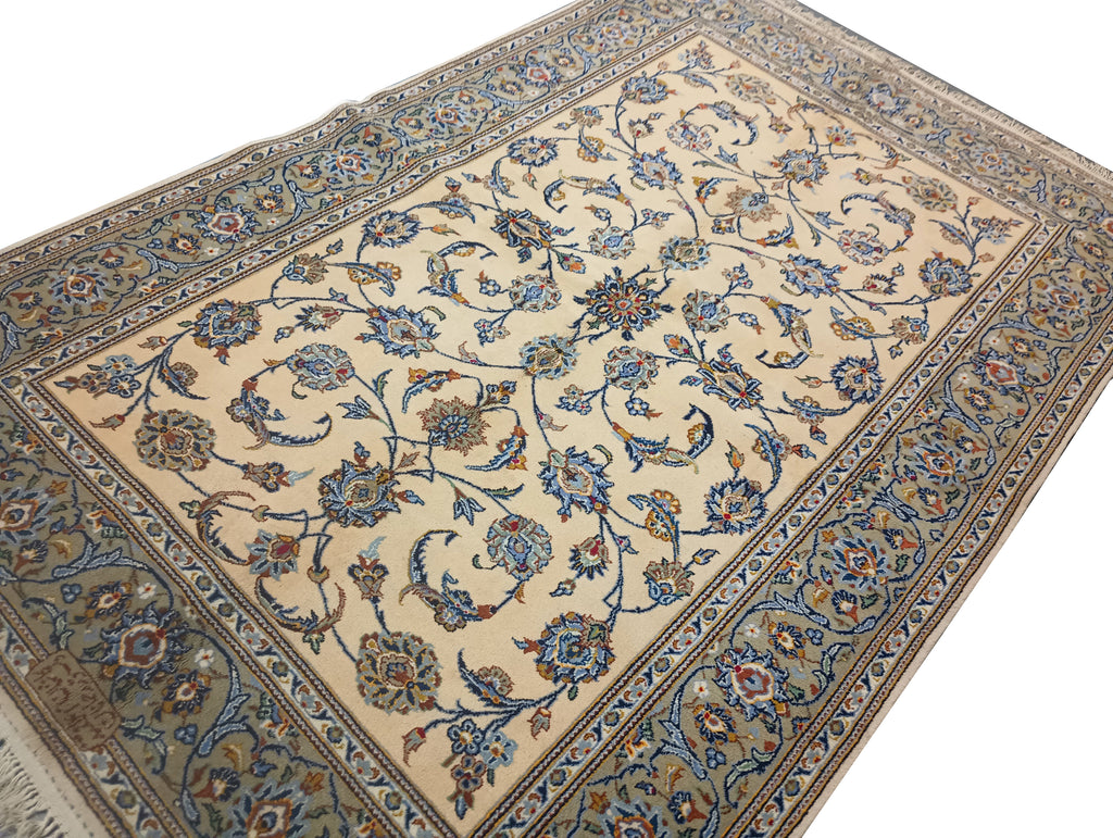 5.2 x 8 SIGNED Persian Kashan Rug IVORY GREEN #F-6361