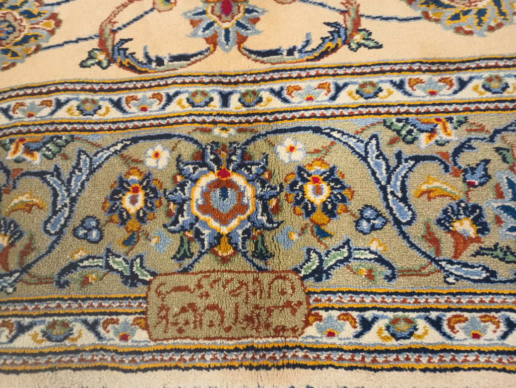 5.2 x 8 SIGNED Persian Kashan Rug IVORY GREEN #F-6361