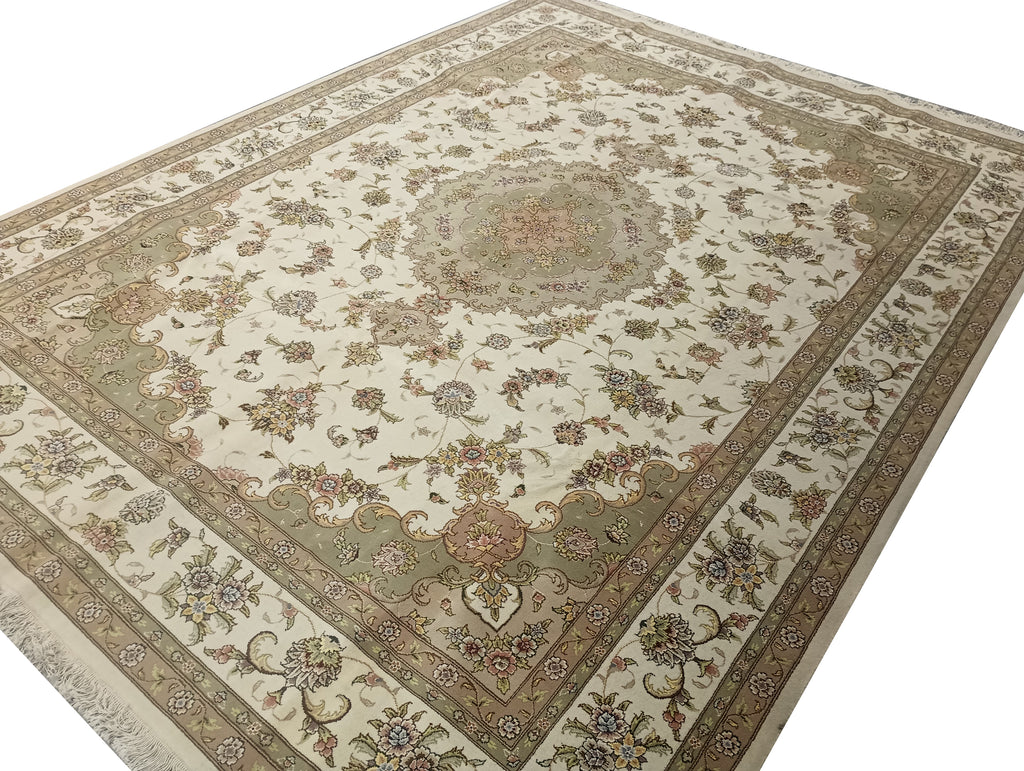 9' x 12' Quality Wool and Silk Tabriz Rug IVORY SAGE #PIX-5960