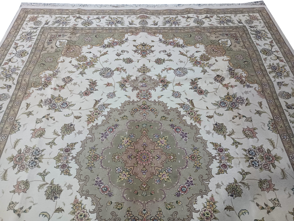 9' x 12' Quality Wool and Silk Tabriz Rug IVORY SAGE #PIX-5960