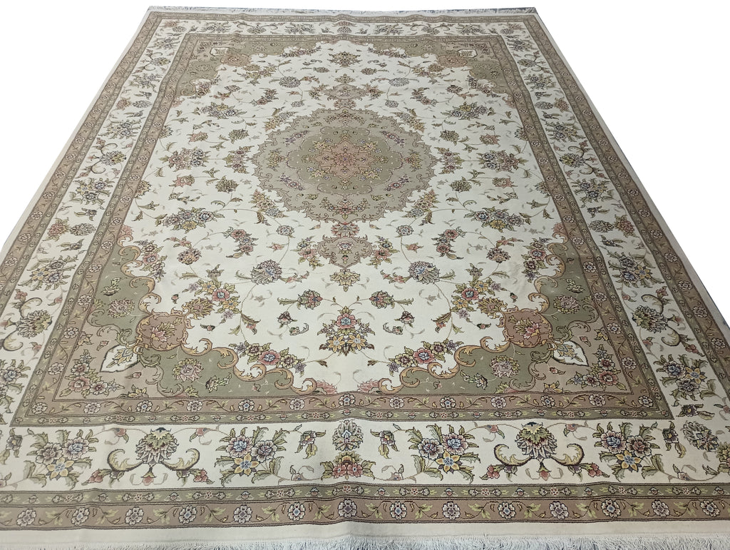 9' x 12' Quality Wool and Silk Tabriz Rug IVORY SAGE #PIX-5960
