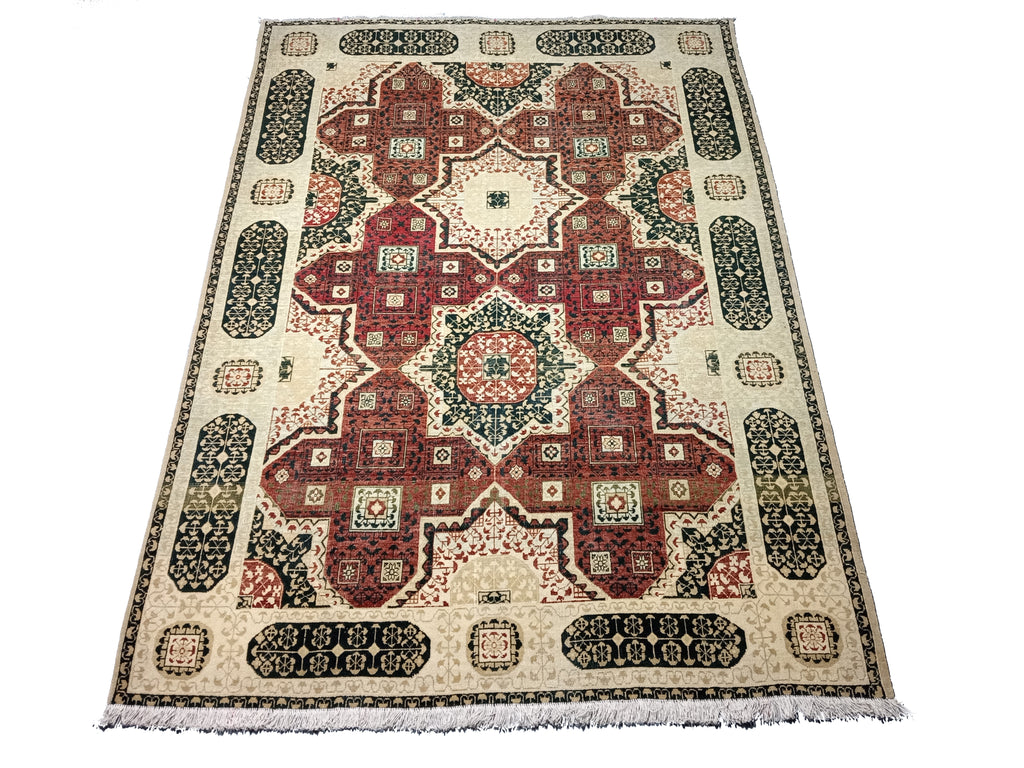 6' x 10' Geometric Jaipour Rug DENSE WOOL Burgundy, Ivory, green  #D-12