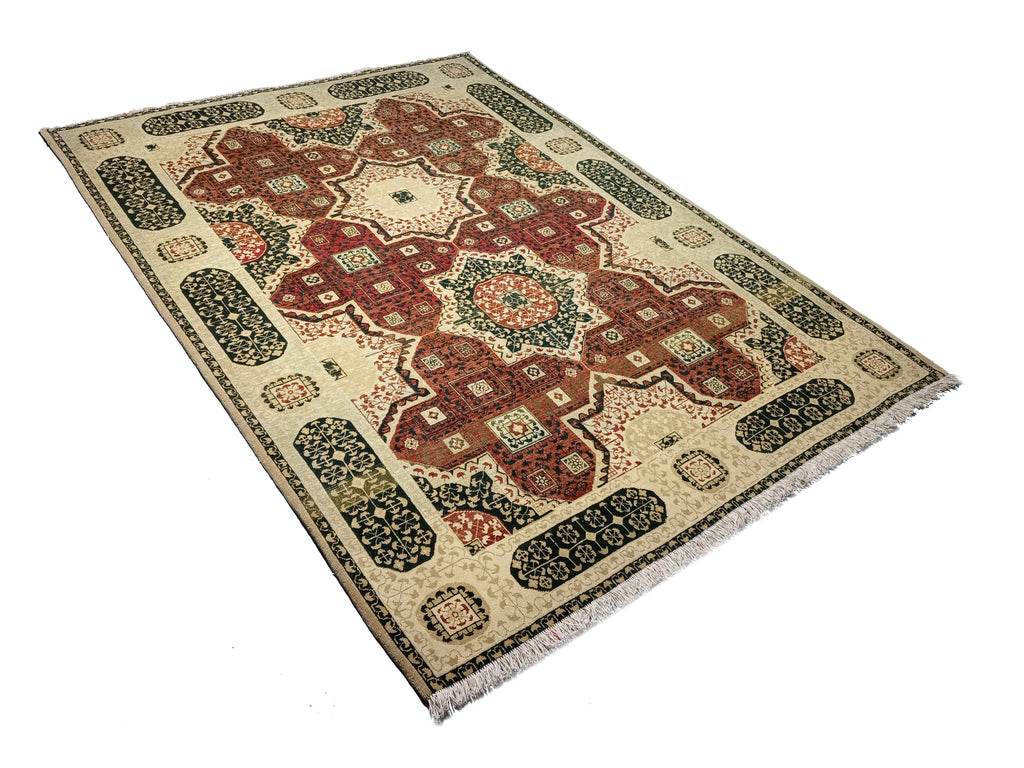 6' x 10' Geometric Jaipour Rug DENSE WOOL Burgundy, Ivory, green  #D-12