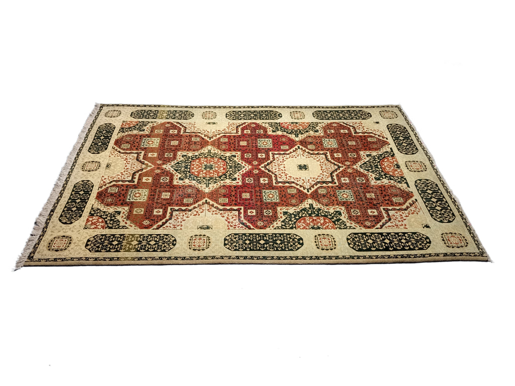 6' x 10' Geometric Jaipour Rug DENSE WOOL Burgundy, Ivory, green  #D-12