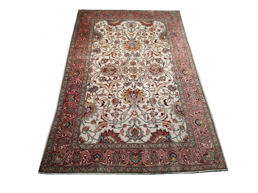 5.9 x 9 Semi-Antique Persian Tabriz Rug Ivory/Pink 22913