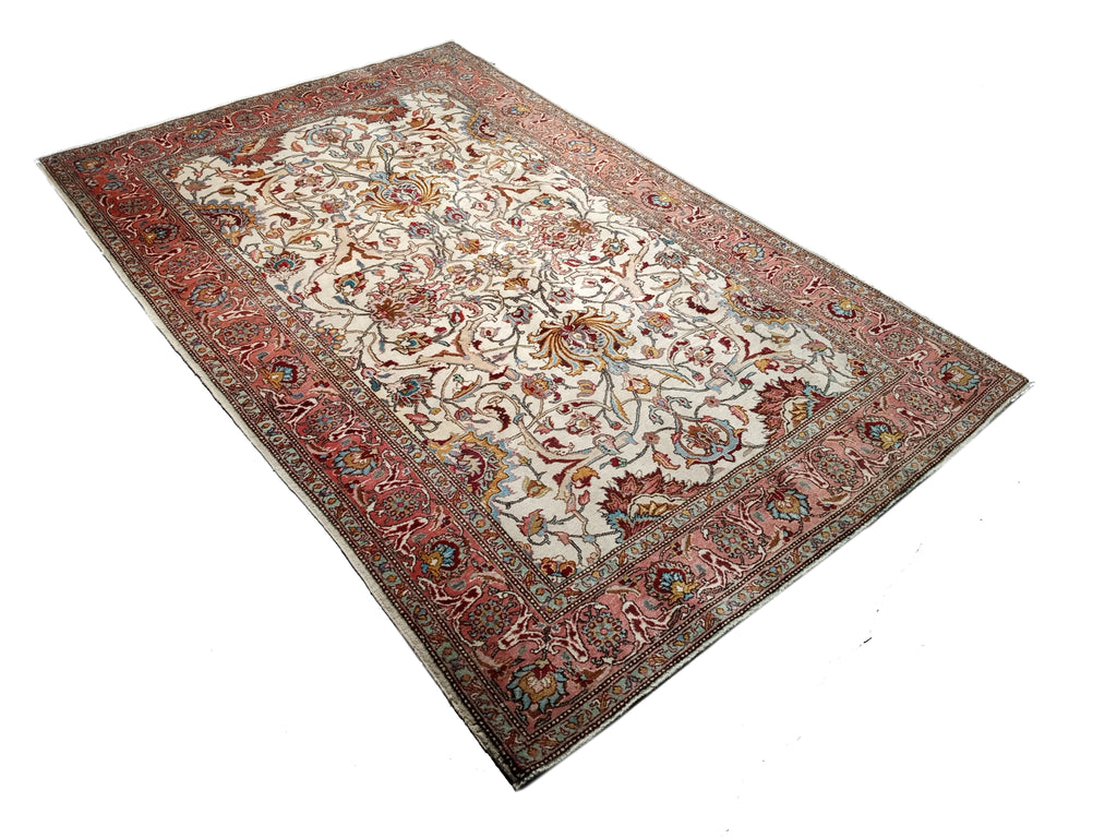 5.9 x 9 Semi-Antique Persian Tabriz Rug Ivory/Pink 22913