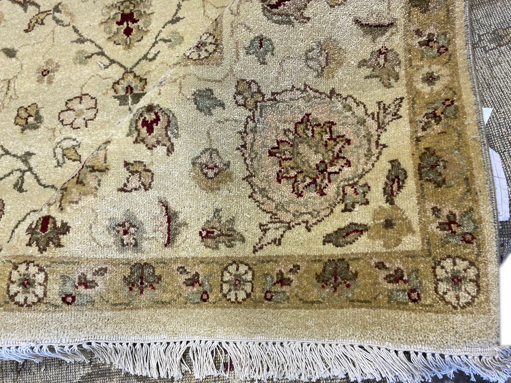 7.11 x 9.9 Handmade Agra Rug NATURAL WOOL IVORY GREEN #F-6515