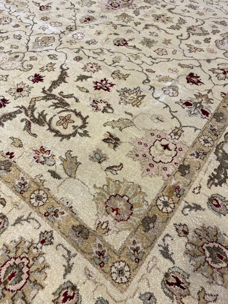 7.11 x 9.9 Handmade Agra Rug NATURAL WOOL IVORY GREEN #F-6515