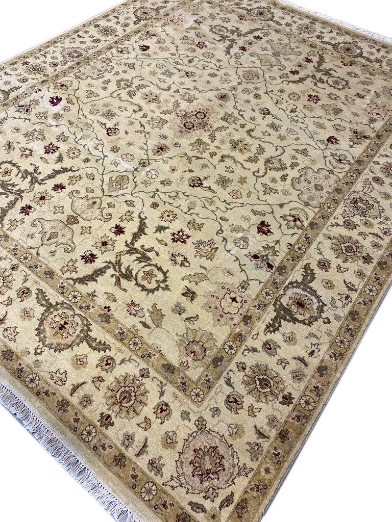 7.11 x 9.9 Handmade Agra Rug NATURAL WOOL IVORY GREEN #F-6515
