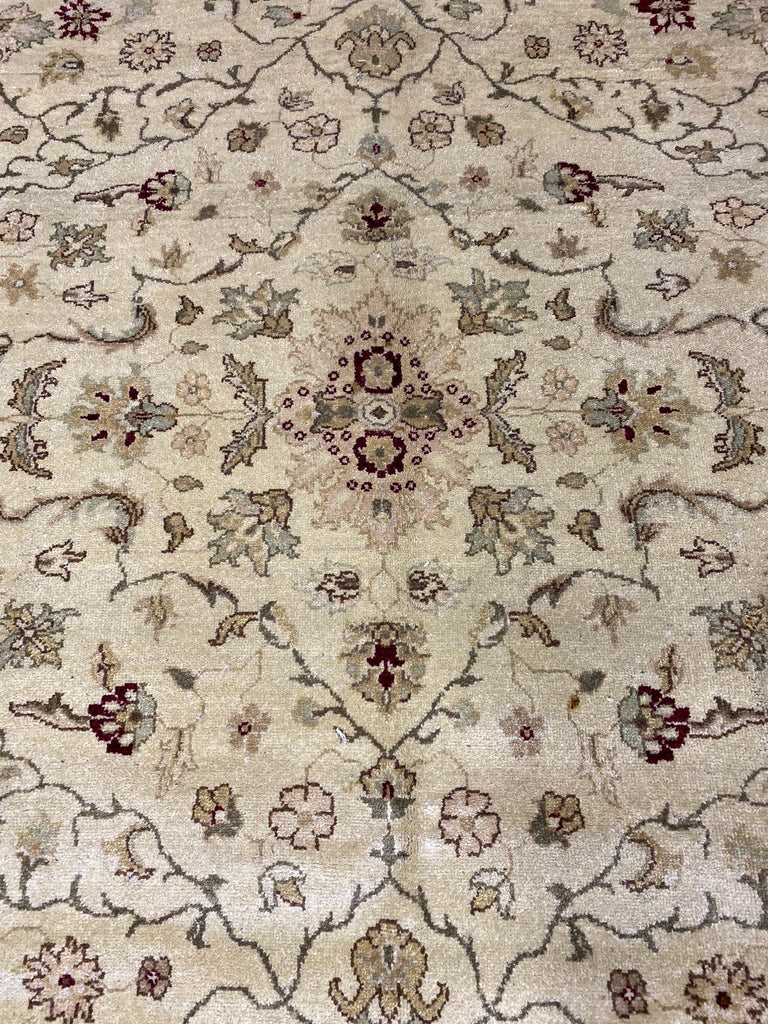 7.11 x 9.9 Handmade Agra Rug NATURAL WOOL IVORY GREEN #F-6515