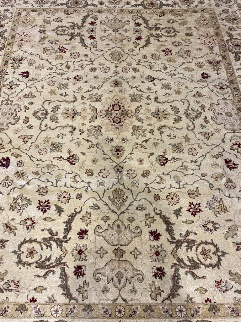 7.11 x 9.9 Handmade Agra Rug NATURAL WOOL IVORY GREEN #F-6515
