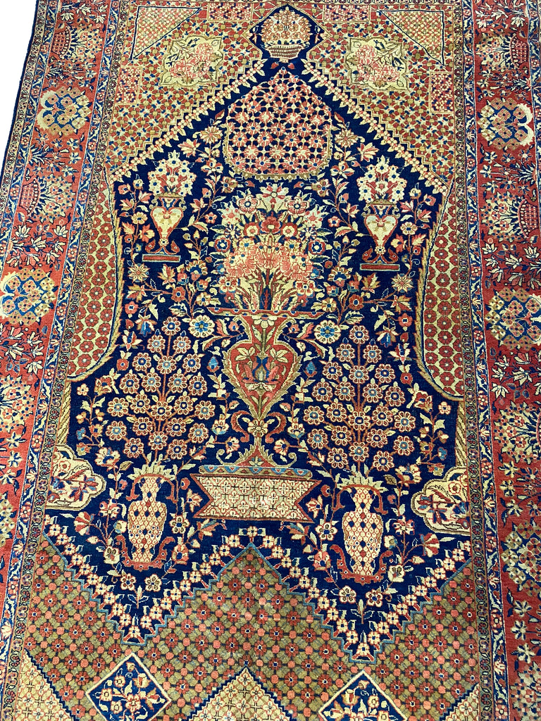 4.2 x 7.0 Authentic 1930's Antique Persian Debir Kashan Rug Prayer Vase AMAZING CARPET #F-6543