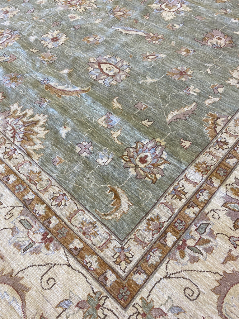 13' x 22' Zigler Chobi Peshawar Rug Neutral Pale Large Green Rug 15439