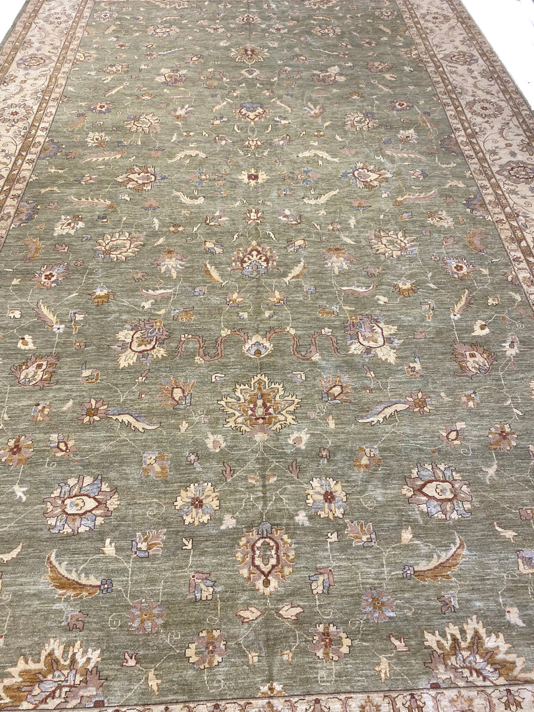 13' x 22' Zigler Chobi Peshawar Rug Neutral Pale Large Green Rug 15439