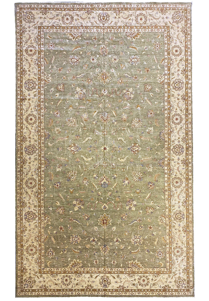 13' x 22' Zigler Chobi Peshawar Rug Neutral Pale Large Green Rug 15439