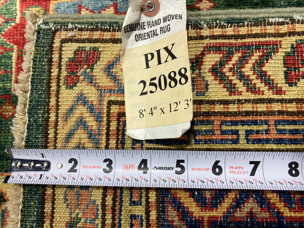 8.4 X 12.3 GREEN Quality Wool Hand-Knotted Super Kazak Rug  #PIX-25088