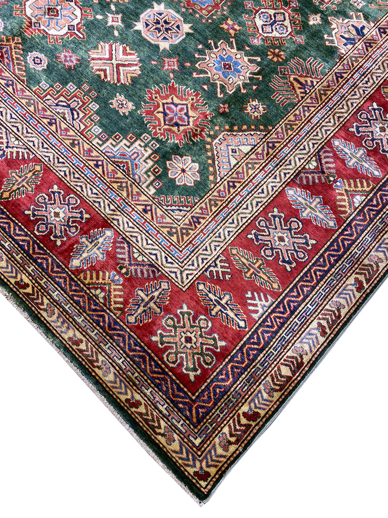 8.4 X 12.3 GREEN Quality Wool Hand-Knotted Super Kazak Rug  #PIX-25088