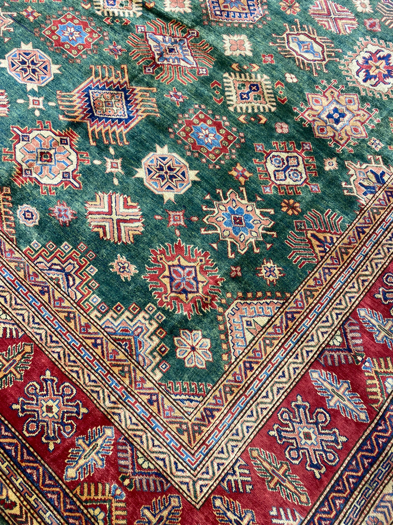 8.4 X 12.3 GREEN Quality Wool Hand-Knotted Super Kazak Rug  #PIX-25088