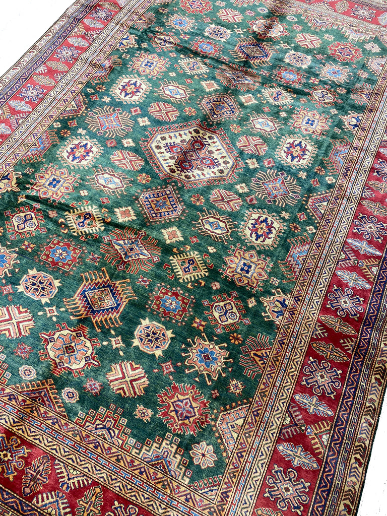 8.4 X 12.3 GREEN Quality Wool Hand-Knotted Super Kazak Rug  #PIX-25088