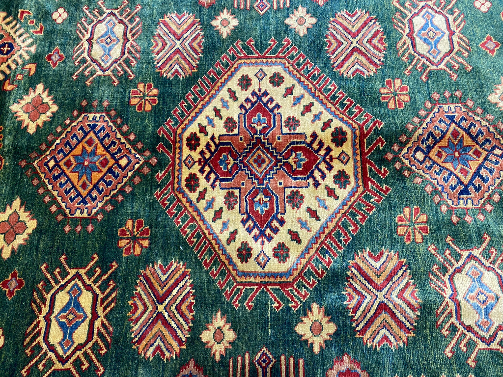 8.4 X 12.3 GREEN Quality Wool Hand-Knotted Super Kazak Rug  #PIX-25088